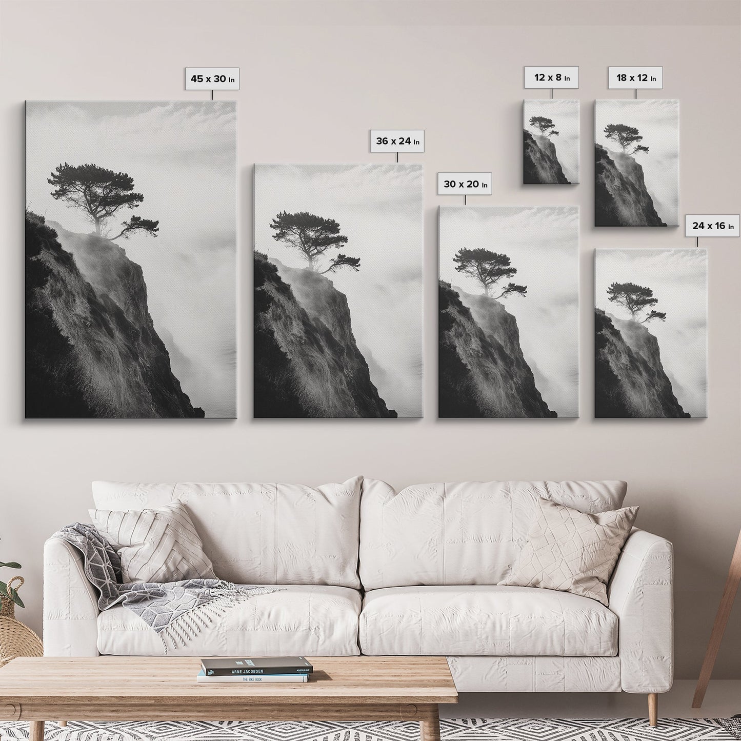 Lone Cliff Tree, Foggy Landscape, Nature Wall Decor, Framed Canvas Print, Minimalist Tree Art, Tranquil Living Room Wall Art