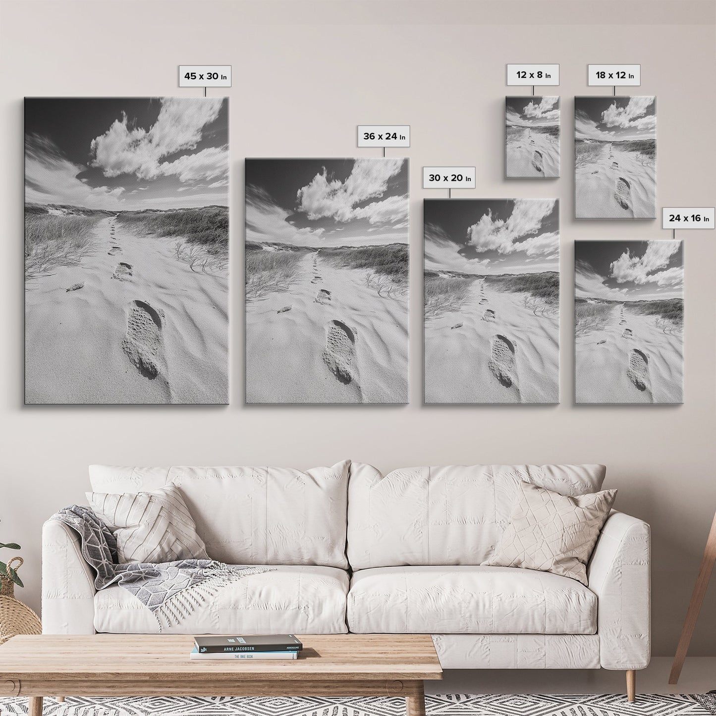 Desert Footprints Path, Dune Art, Wanderlust Vibes, Monochrome Landscape, Framed Canvas Print, Bedroom Wall Decor, Minimalist Travel