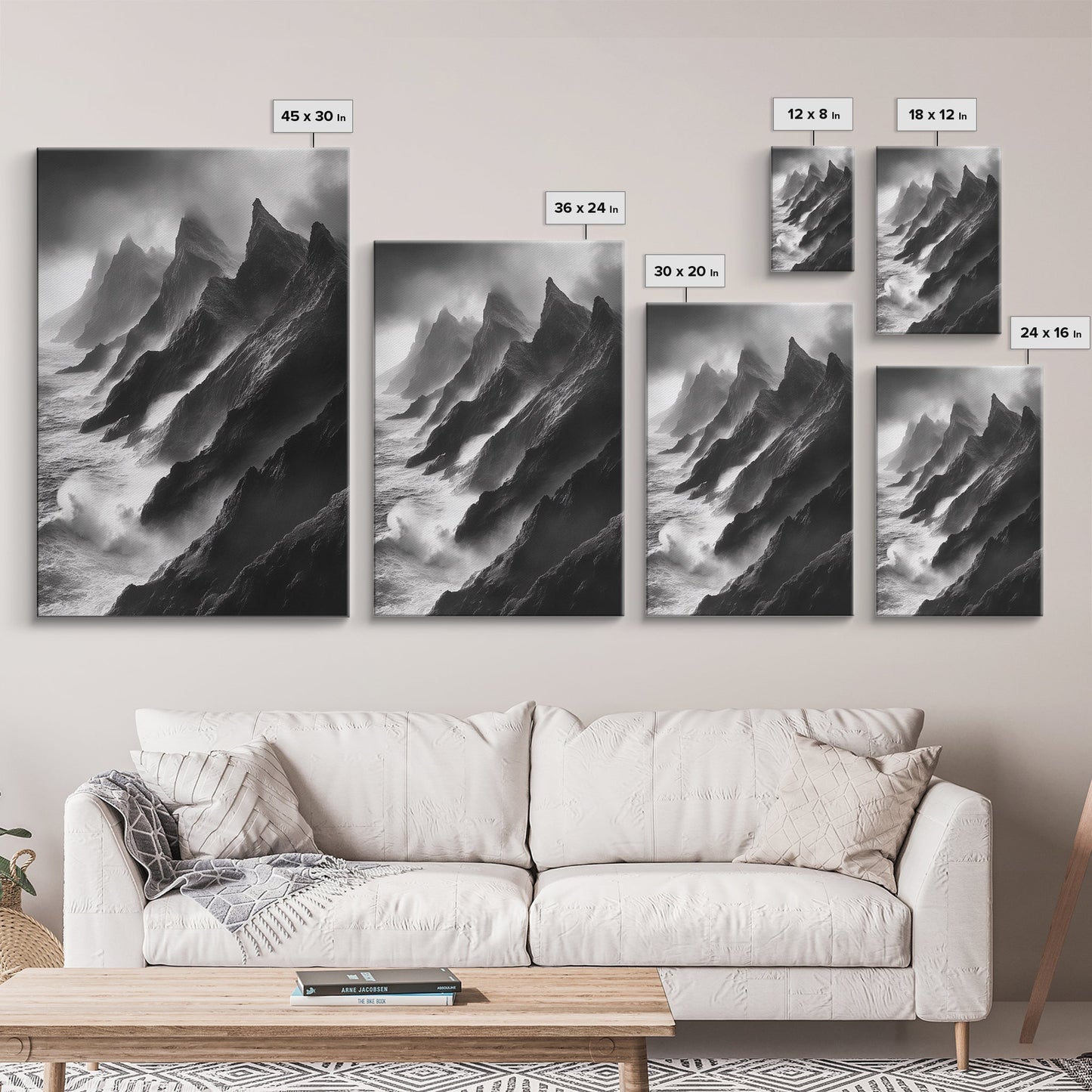 Jagged Cliff Coast, Stormy Ocean Scene, Dramatic Nature Art, Black White Photography, Framed Canvas Print, Office Wall Art, Coastal Decor