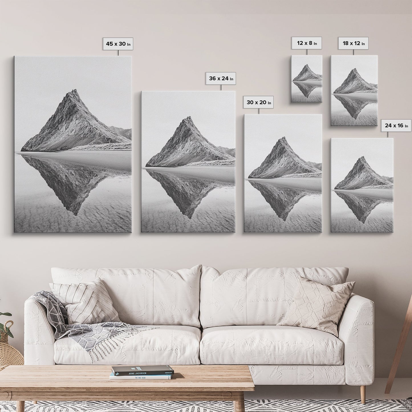 Mountain Mirror, Coastal Peak, Serene Beach, Canvas Print, Minimalist Landscape Art, Modern Living Room Wall Decor, Monochrome Nature Style