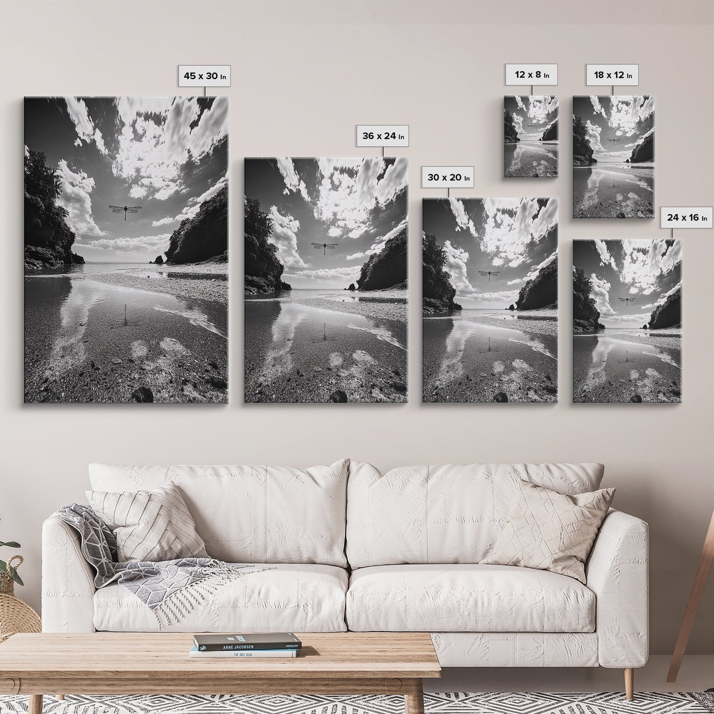 Dragonfly Flight, Beach View, Nature Dream, Framed Canvas Print, Whimsical Wall Art, Surreal Living Room Decor, Black and White Nature Style