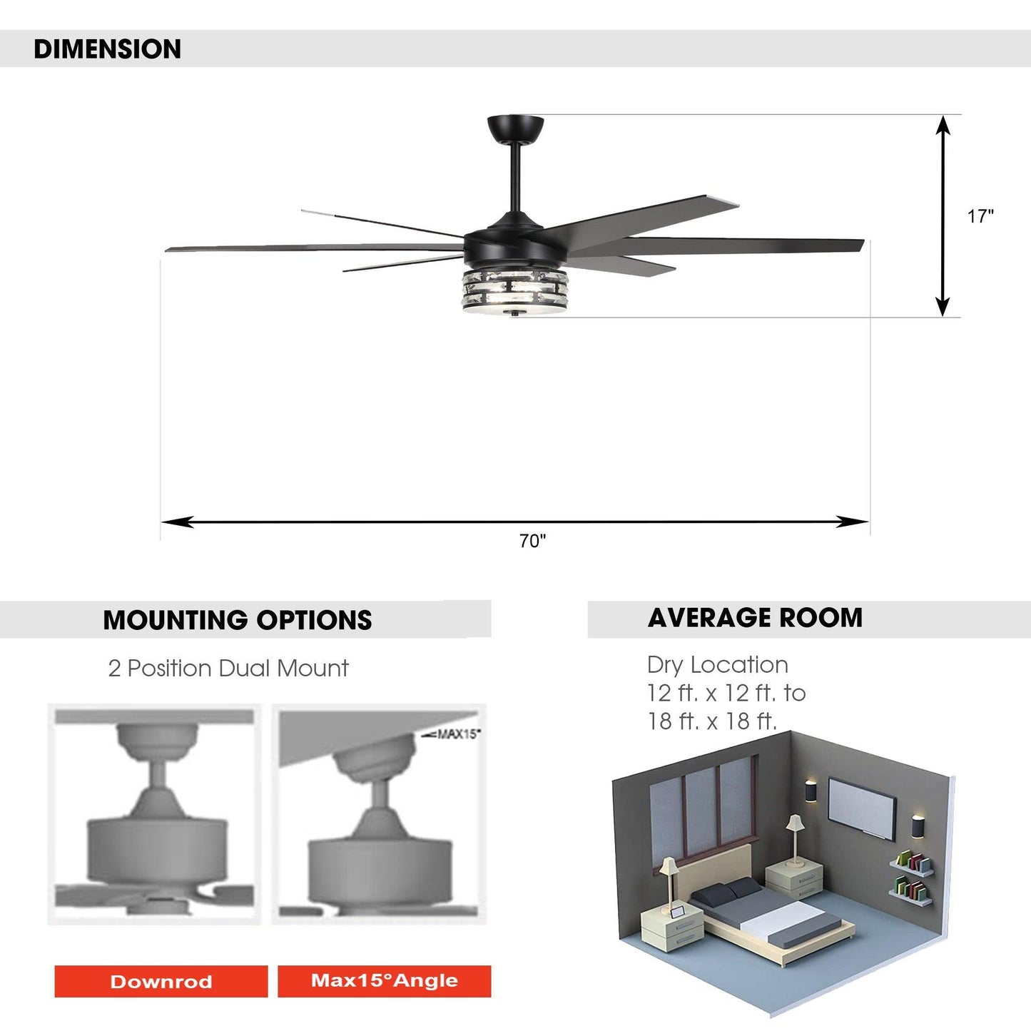 70" Black Modern Ceiling Fan