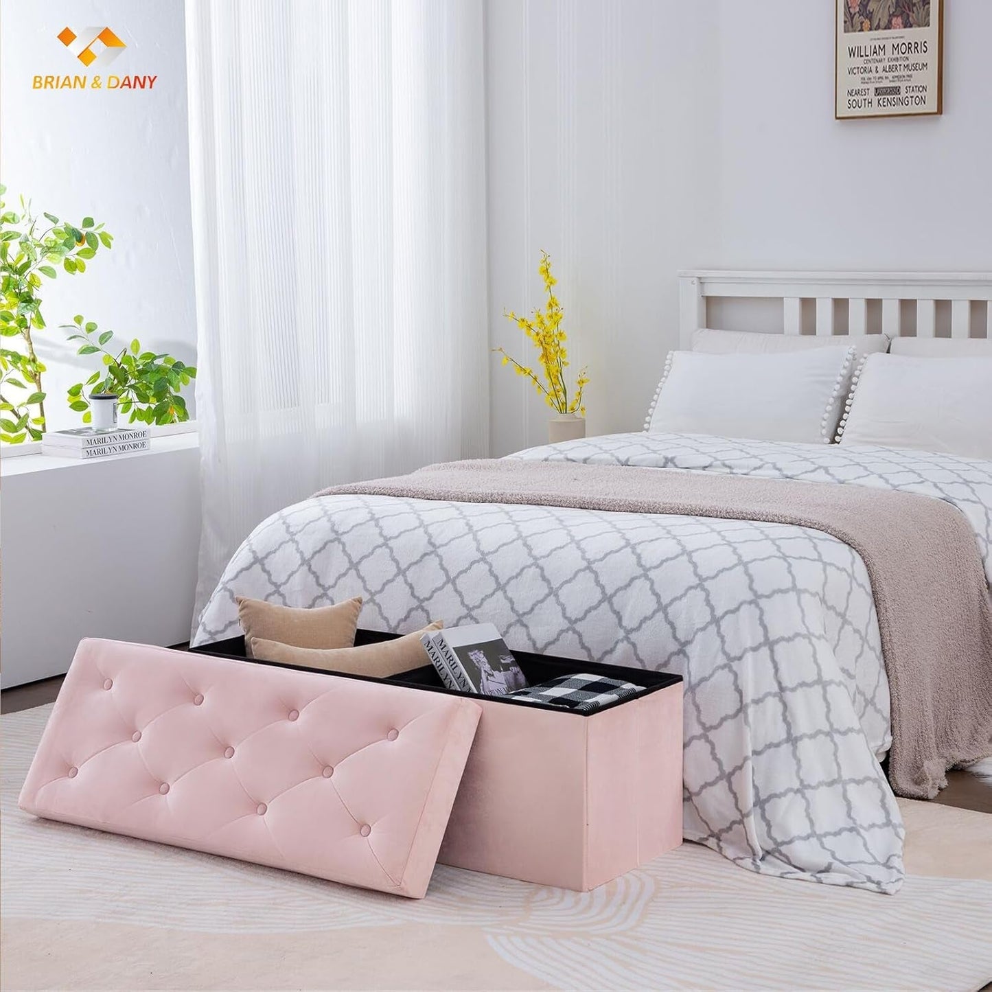Pink 43 Inch Velvet Lux Foldable Storage Ottoman Bench