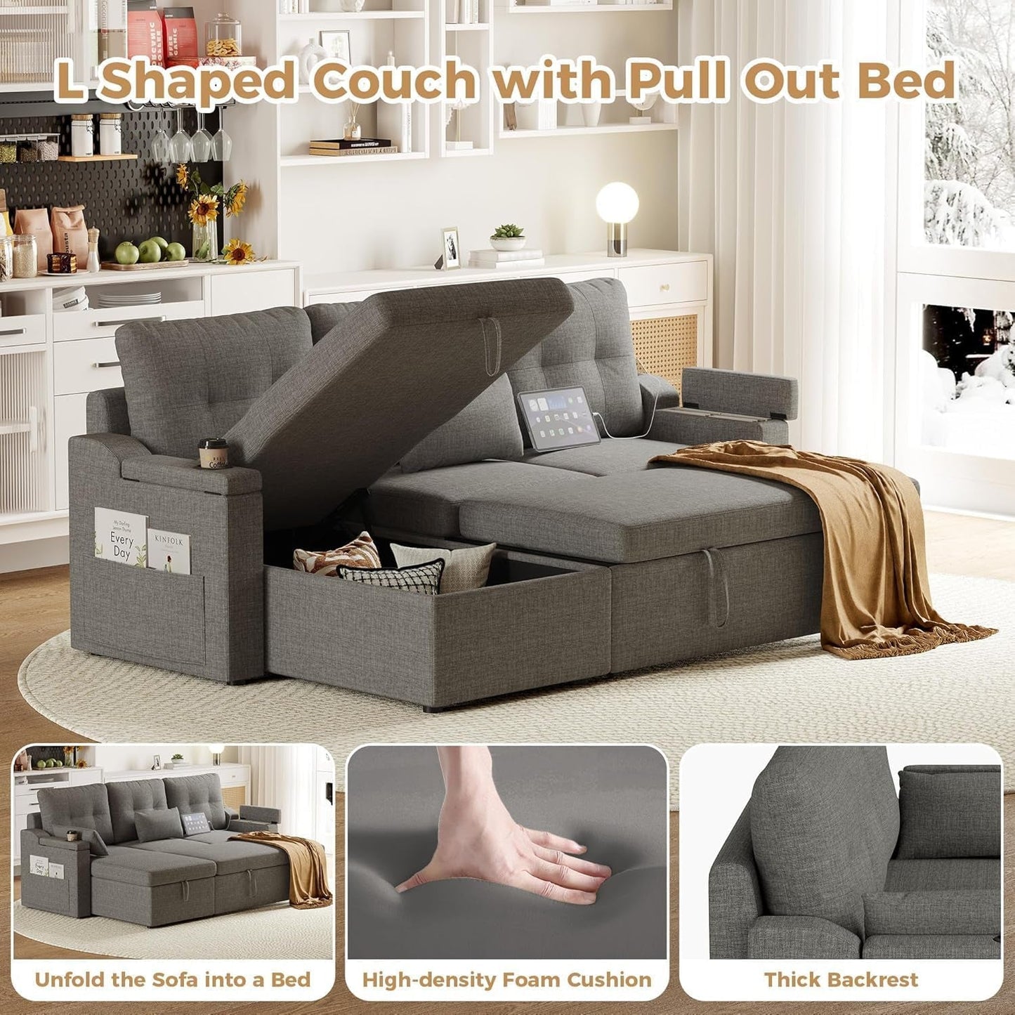 Charcoal LShaped Convertible Sleeper Sofa USB Ports