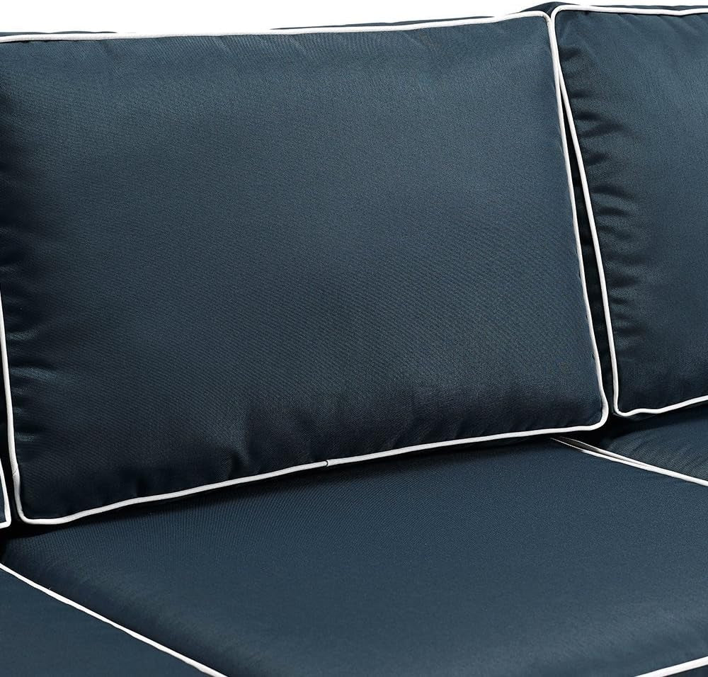 Brown Wicker Outdoor Sofa with Navy Cushions showcasing plush navy cushions for outdoor comfort.