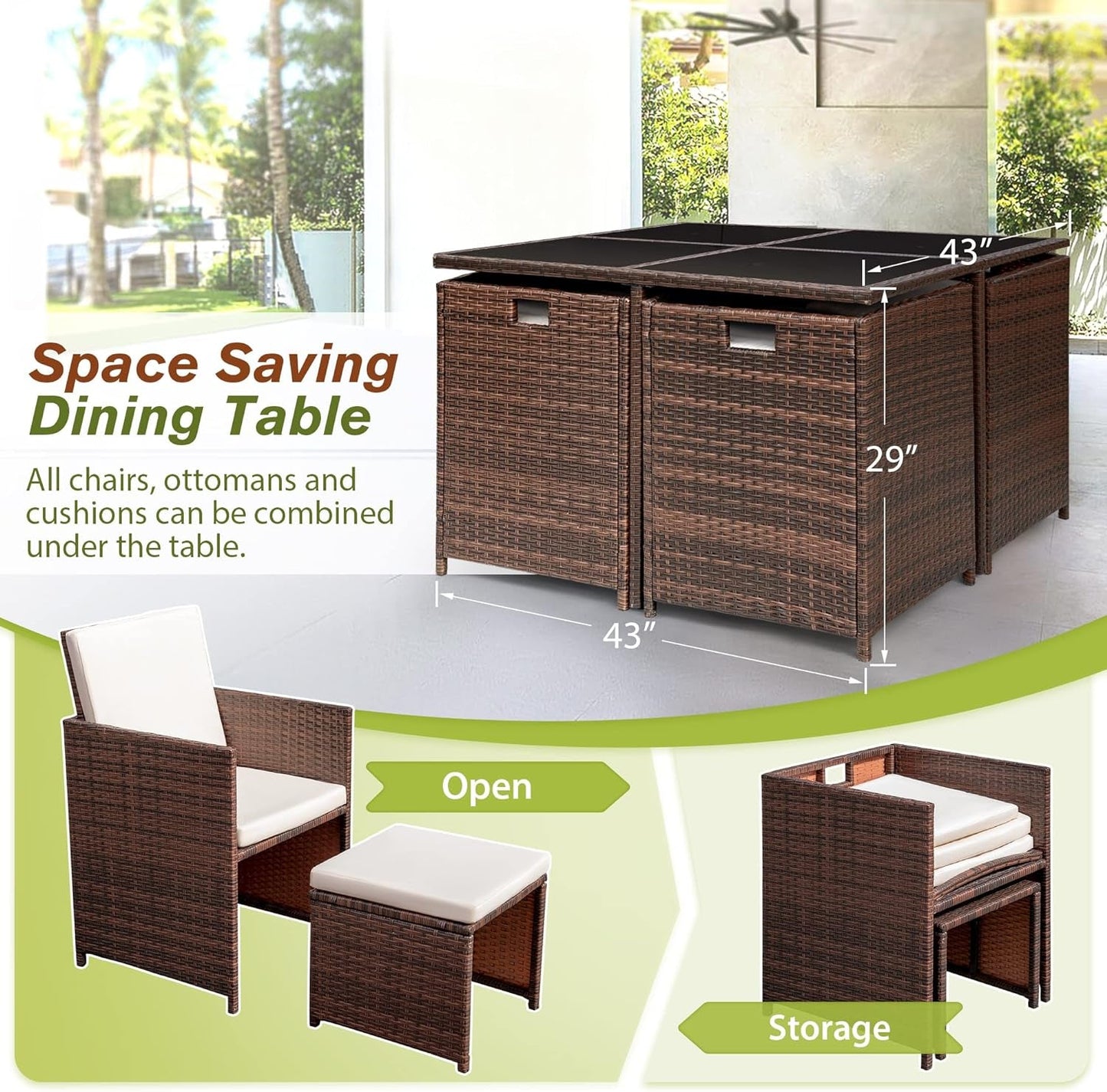 9 Piece Outdoor Patio Dining Set Rattan Chairs With Glass Table Beige Cushioned