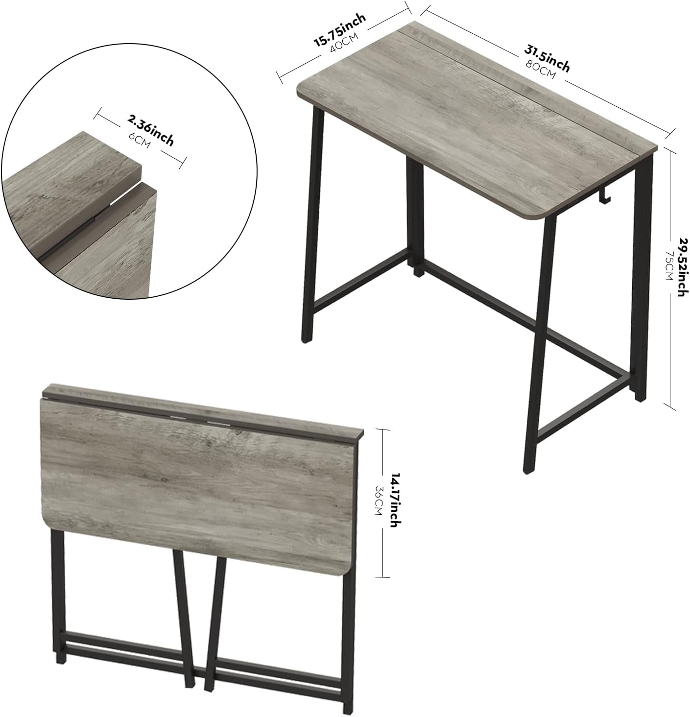 Folding Desk 31.5 Inch Gray Wash Fits Small Spaces