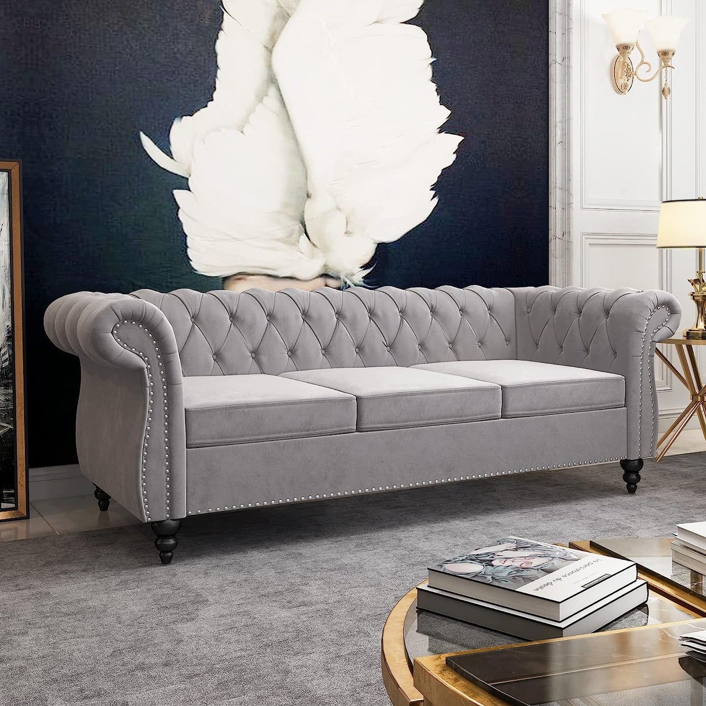 3 Piece Velvet Living Room Set Sectional Chesterfield Sofa Upholstered Loveseat And Chair