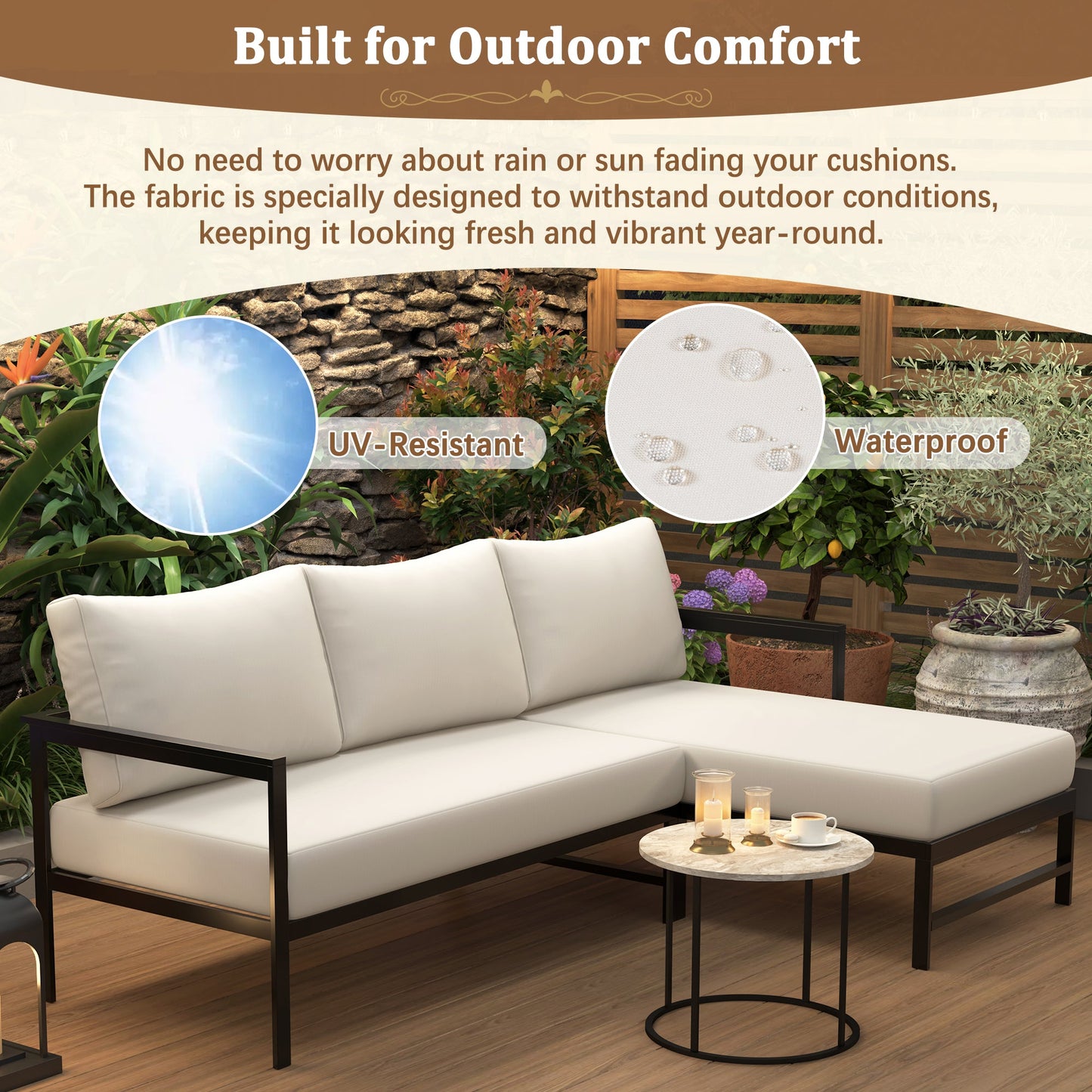 U_Style Outdoor L-Shaped Sofa with Iron Frame