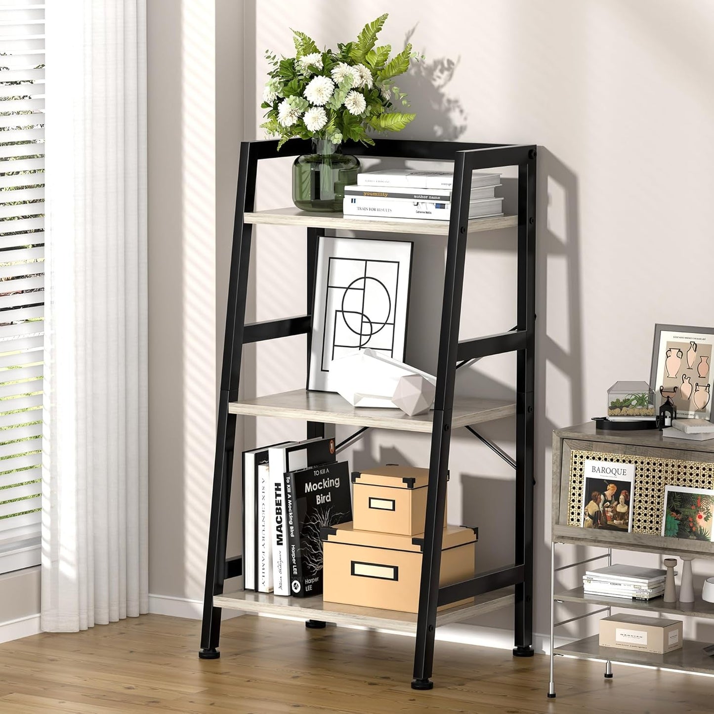 3-Tier Ladder Bookshelf With Steel Frame Greige Black