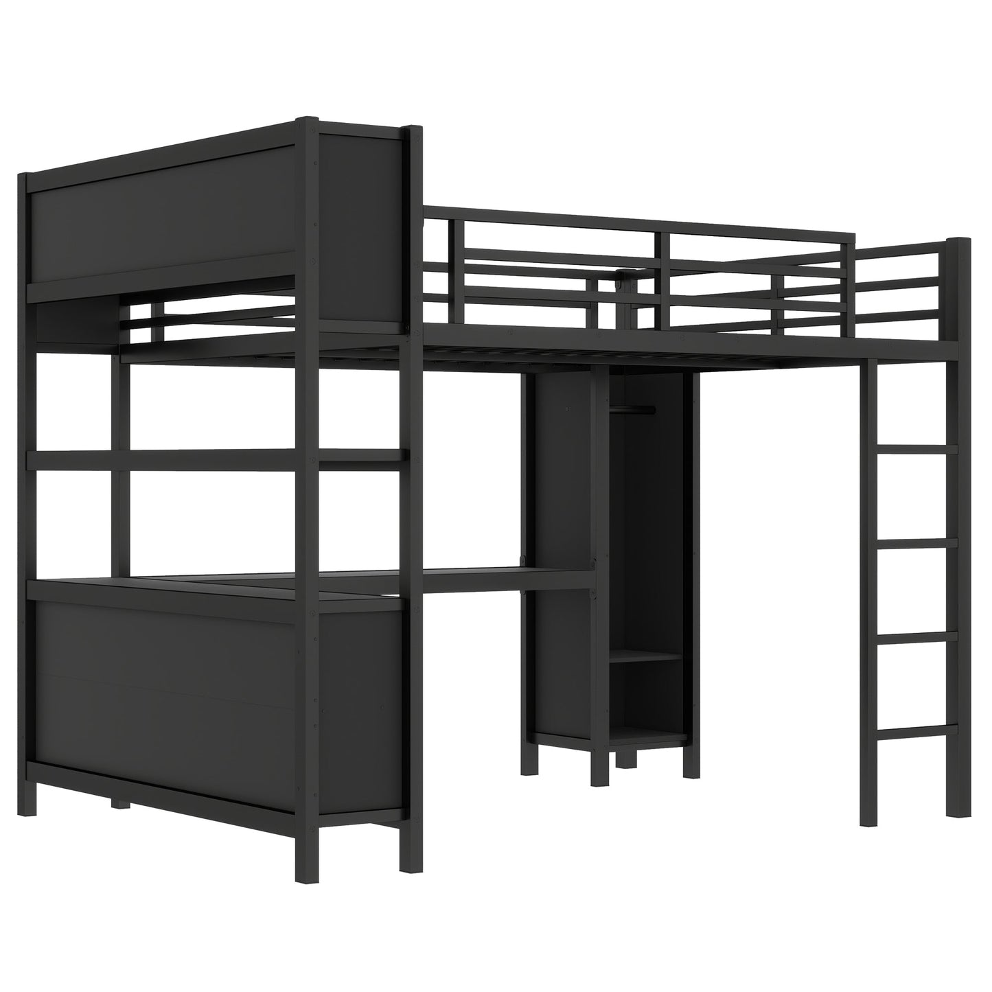 Metal Loft Bed with Wardrobe And L-shaped Desk, Queen Size Loft Bed with Storage Cubes and Shelves, Heavy Duty Loft Bed for Kids Teens Adults, Black