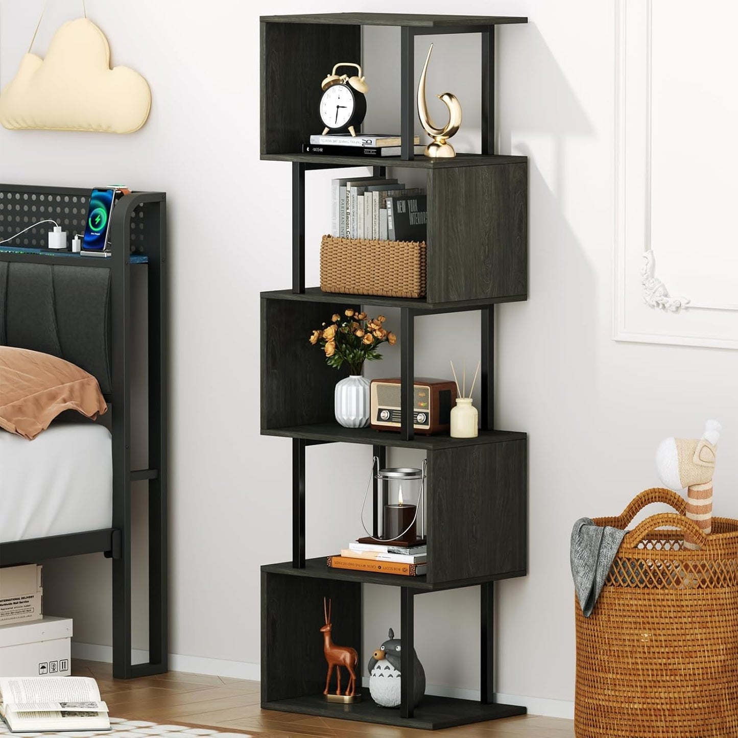 6 Tier Bookshelf Oak Finish Modern Storage Display