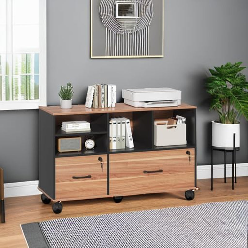Wooden 2 Drawer File Cabinet Lockable Rolling with Adjustable Shelves Rustic Brown and Black