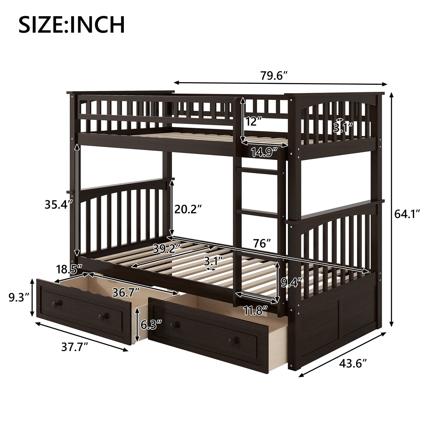 Twin Over Twin Bunk Bed with Drawers, Convertible Beds