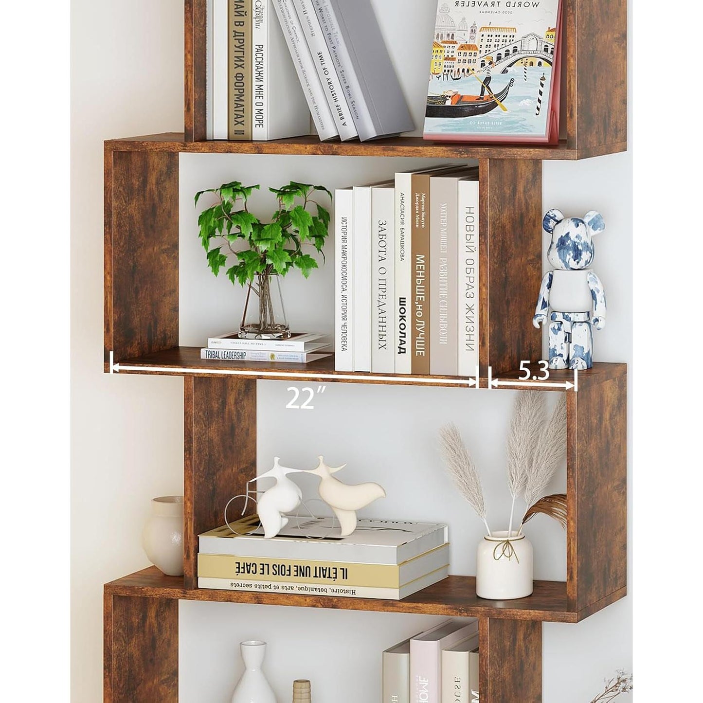 Geometric Bookcase 6 Tier S Shaped Rustic Brown Wood Shelf