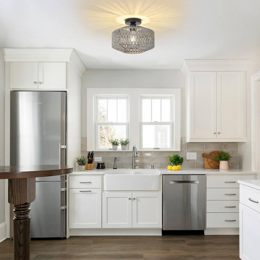 Boho Rattan Grey Ceiling Light Fixture Dimmable LED Bulbs