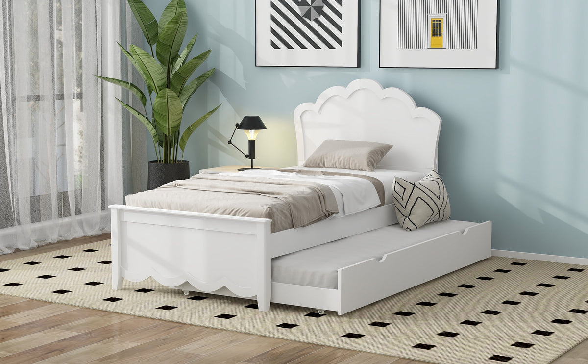 Twin Size Wood Platform Bed with Headboard and Twin Size Trundle