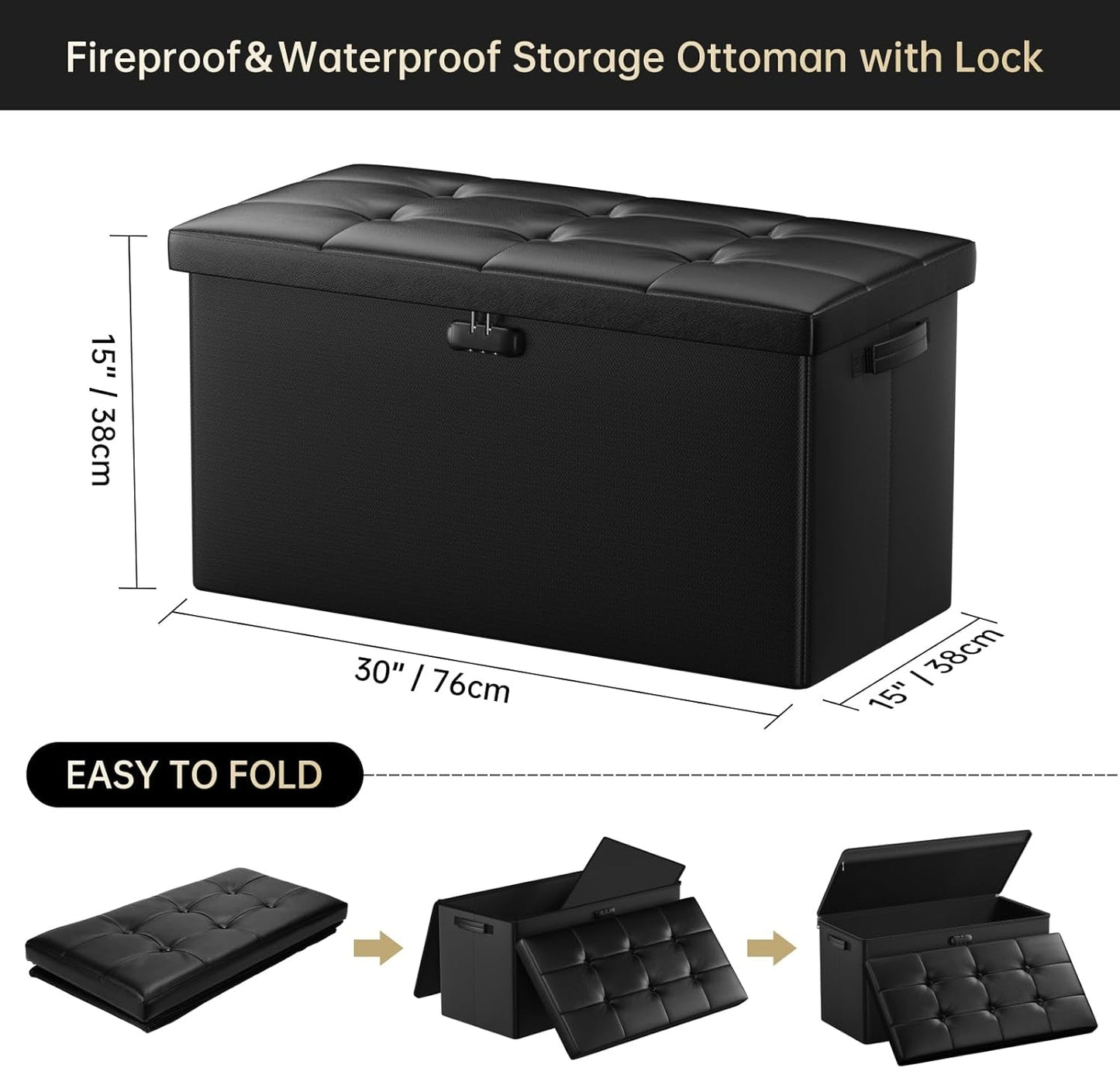 Storage Ottoman Bench 30 Inches Black Storage Lock Pro