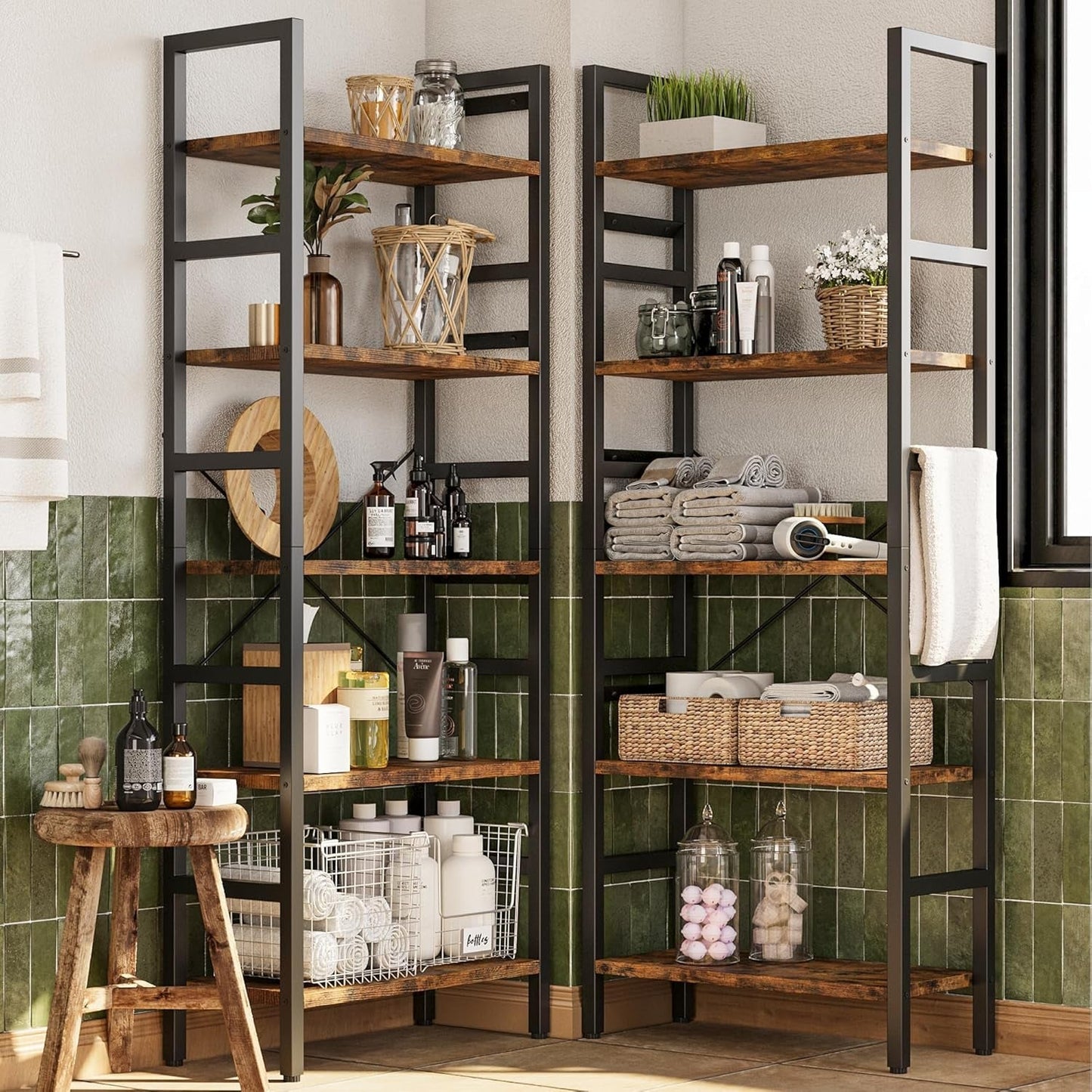 Rustic Brown 5 Tier Wooden Bookcase With Metal Frame