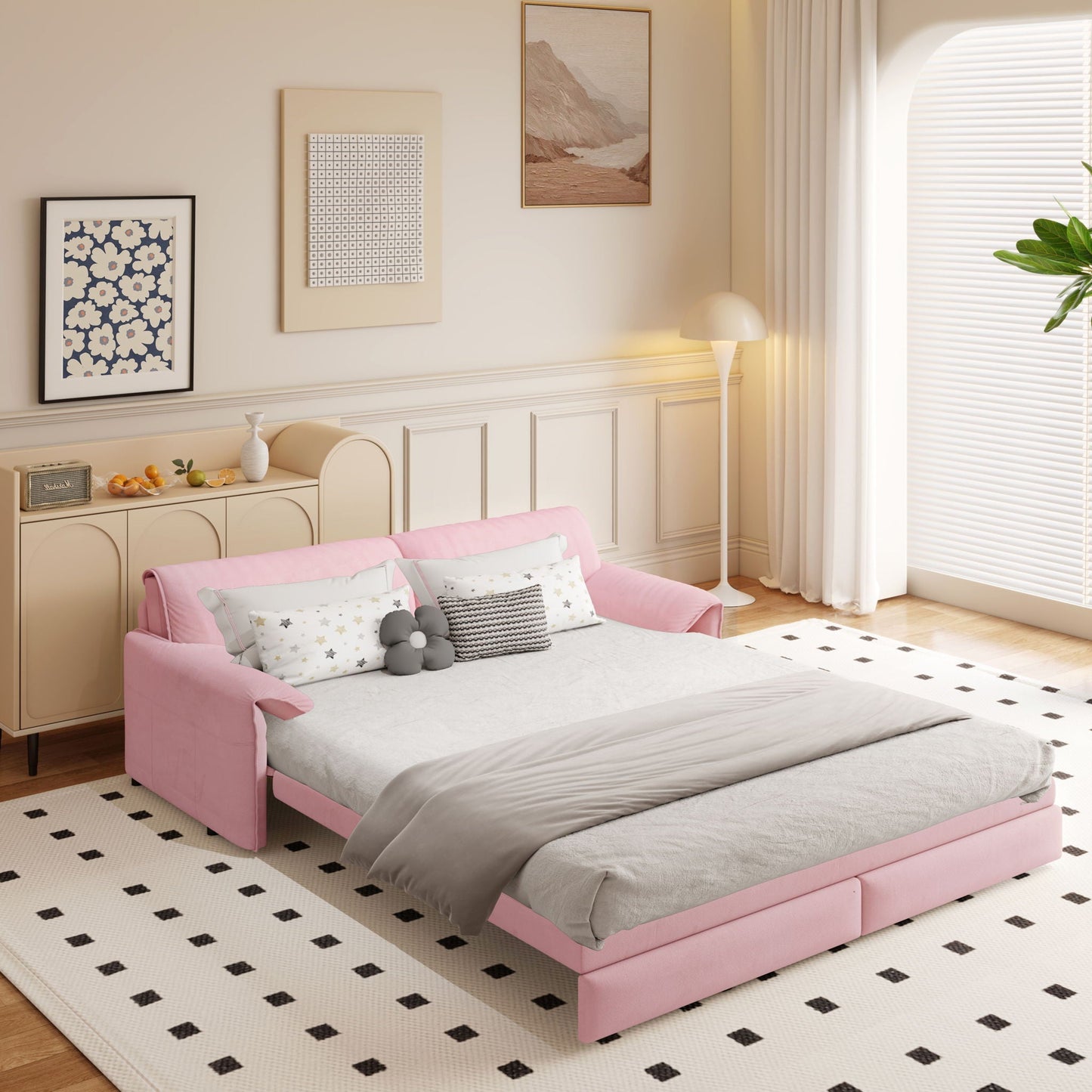 Pull Out 3 In 1 Convertible Sleeper Sofa With Side Storage, Multi Functional