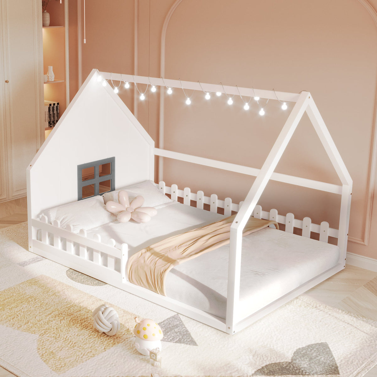 Full Size Wood House Bed with Window and Fence