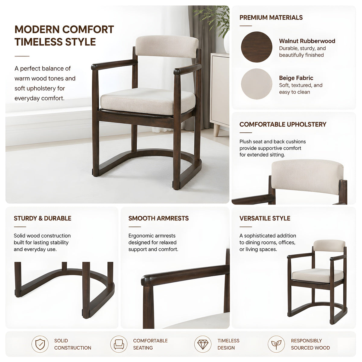 2 Pack Rubberwood Dining Arm Chairs