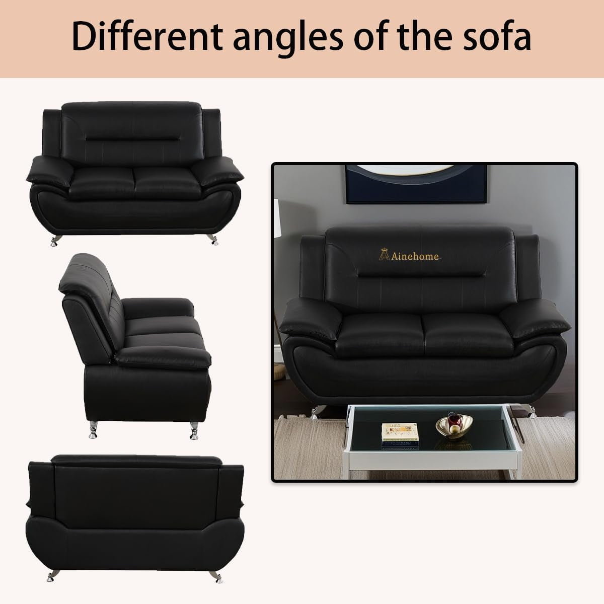 Black 5 Seat Faux Leather Sectional Sofa Set For Living Room
