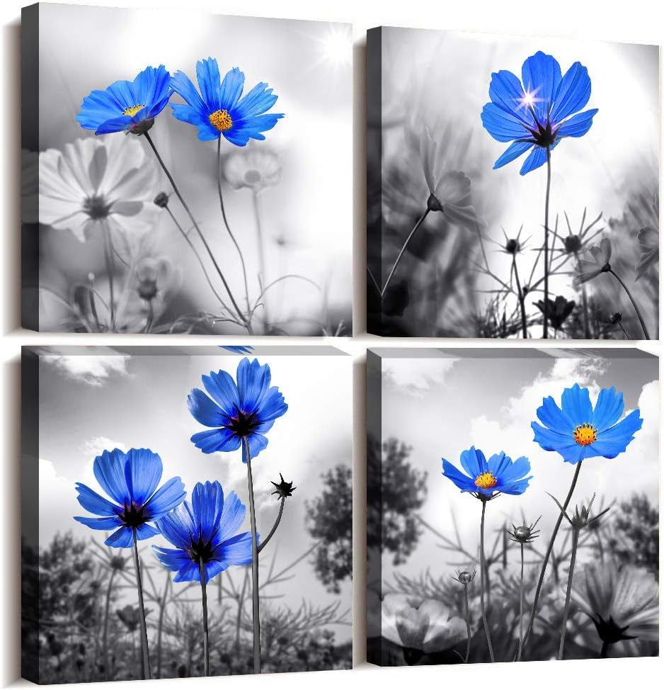 Modern Black and White Plant Art: 4-Panel Floral Canvas for Chic Living Room Decor