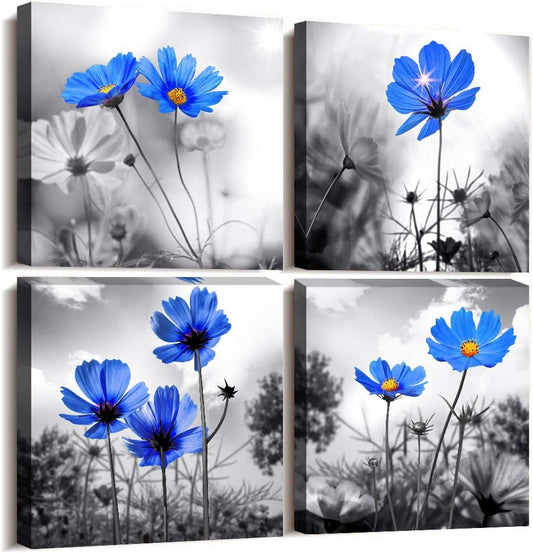 Modern Black and White Plant Art: 4-Panel Floral Canvas for Chic Living Room Decor