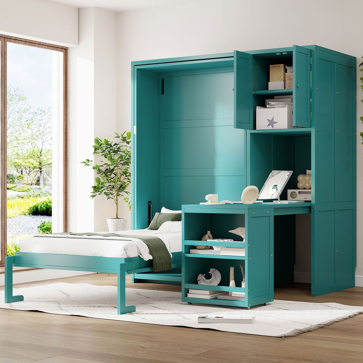 Twin Size Rotating Wall Murphy Beds with Bookshelf, Top Cabinet, Extendable Desk & Side Storage, Teal