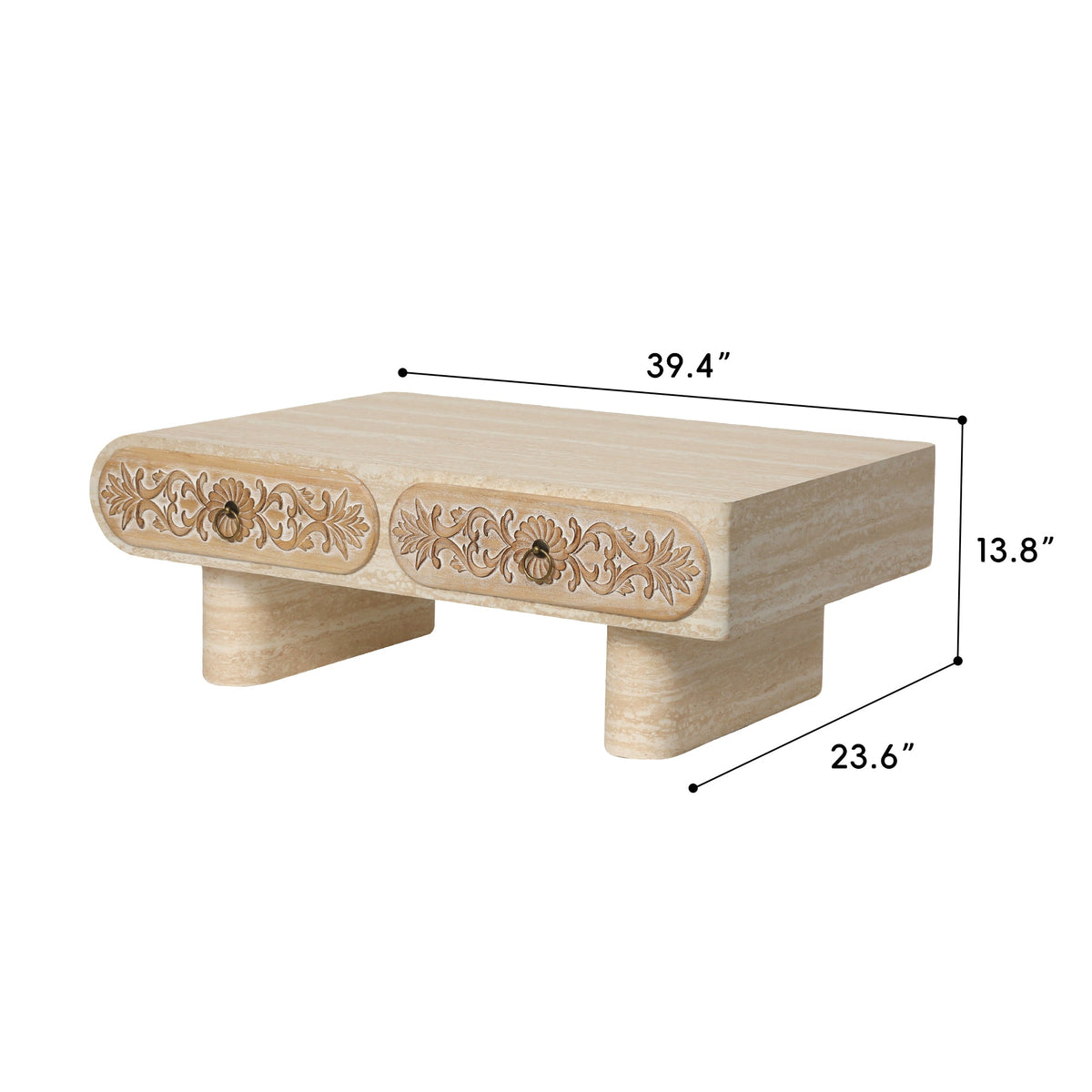 Rounded Edge Coffee Table with Flower Pattern Solid Wood Drawer