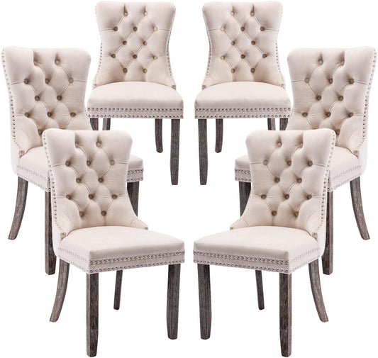 Velvet Dining Chairs Set of 6, Tufted Dining Room Chairs with Button Back, Nailhead Trim, Upholstered Dining Chairs for Kitchen, Bedroom, Restaurant (Beige)