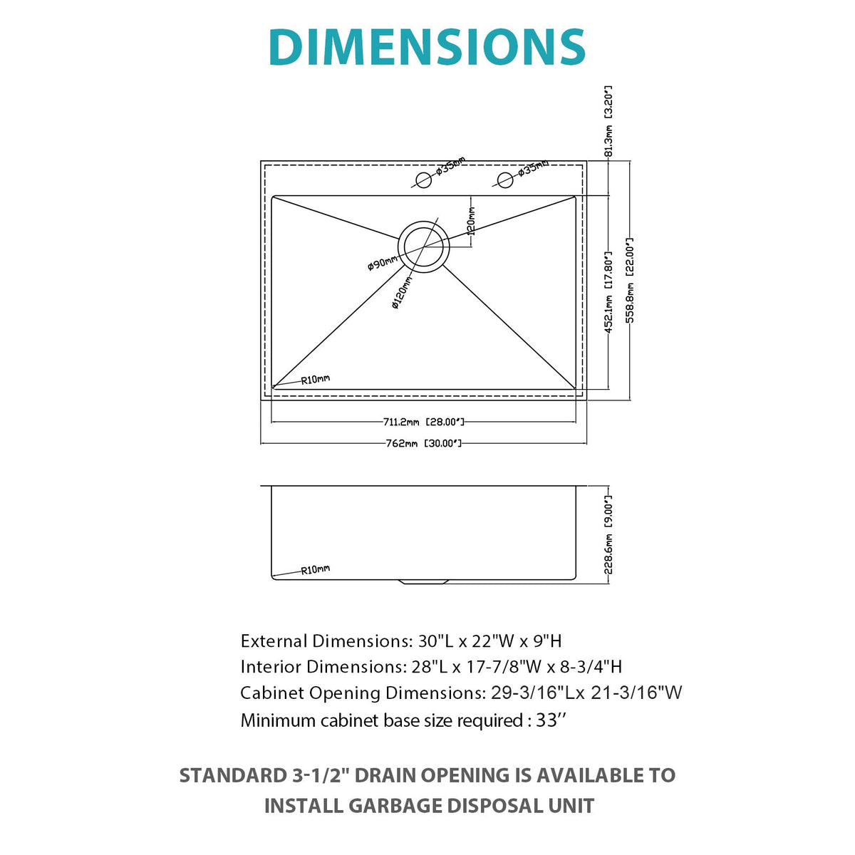 30" Single Bowl Topmount Kitchen Sink