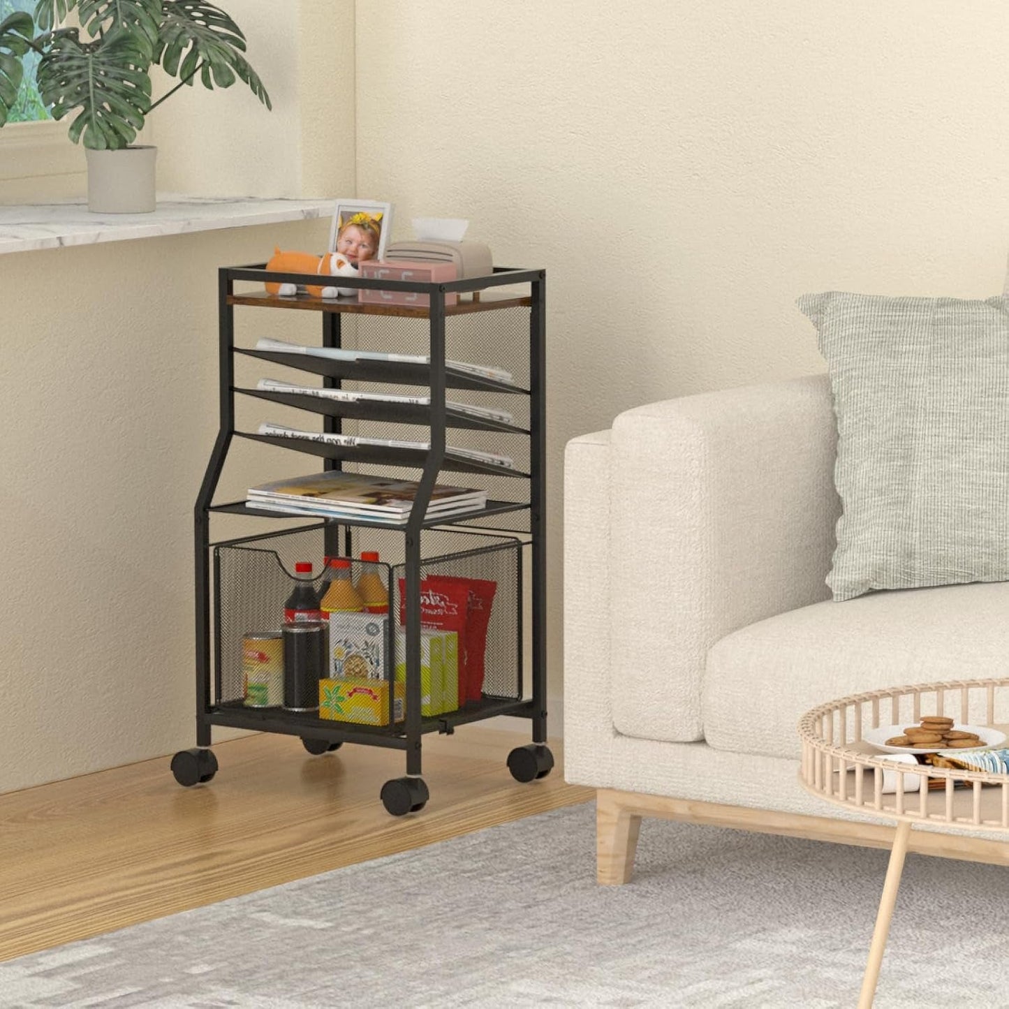 Brown Wood 6 Tier Rolling File Cart With Lockable Wheels