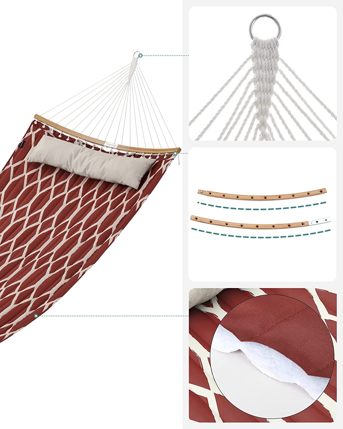Hammock, Quilted Hammock with Curved Bamboo Spreaders, Pillow, 78.7 x 55.1 Inches