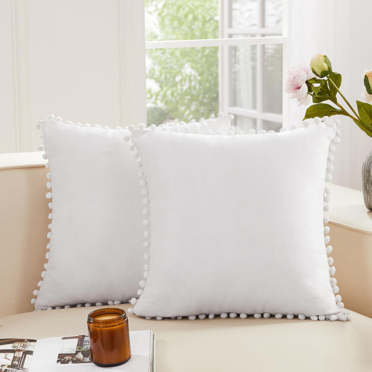 Velvet Throw Pillow Covers with Pom-Poms, 26x26 Inch