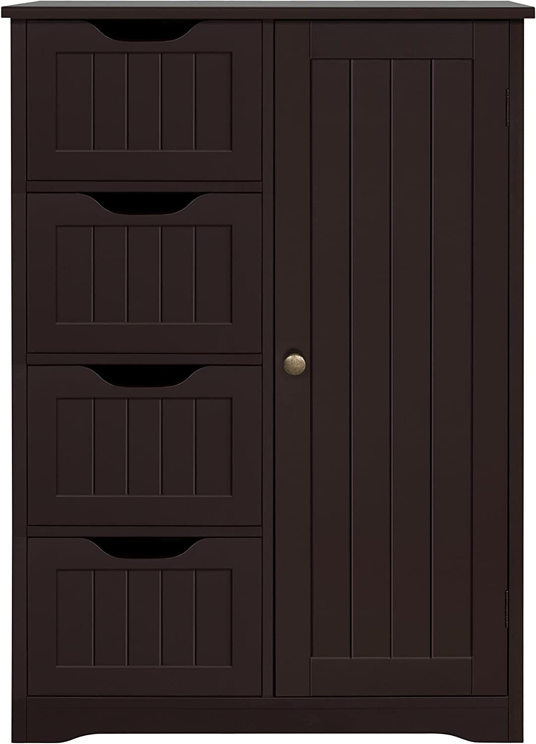 Brown Wooden Bathroom Floor Cabinet With 4 Drawers