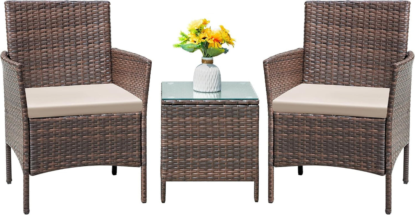 Patio Set 3 Piece All Weather Rattan Glass Table Brown