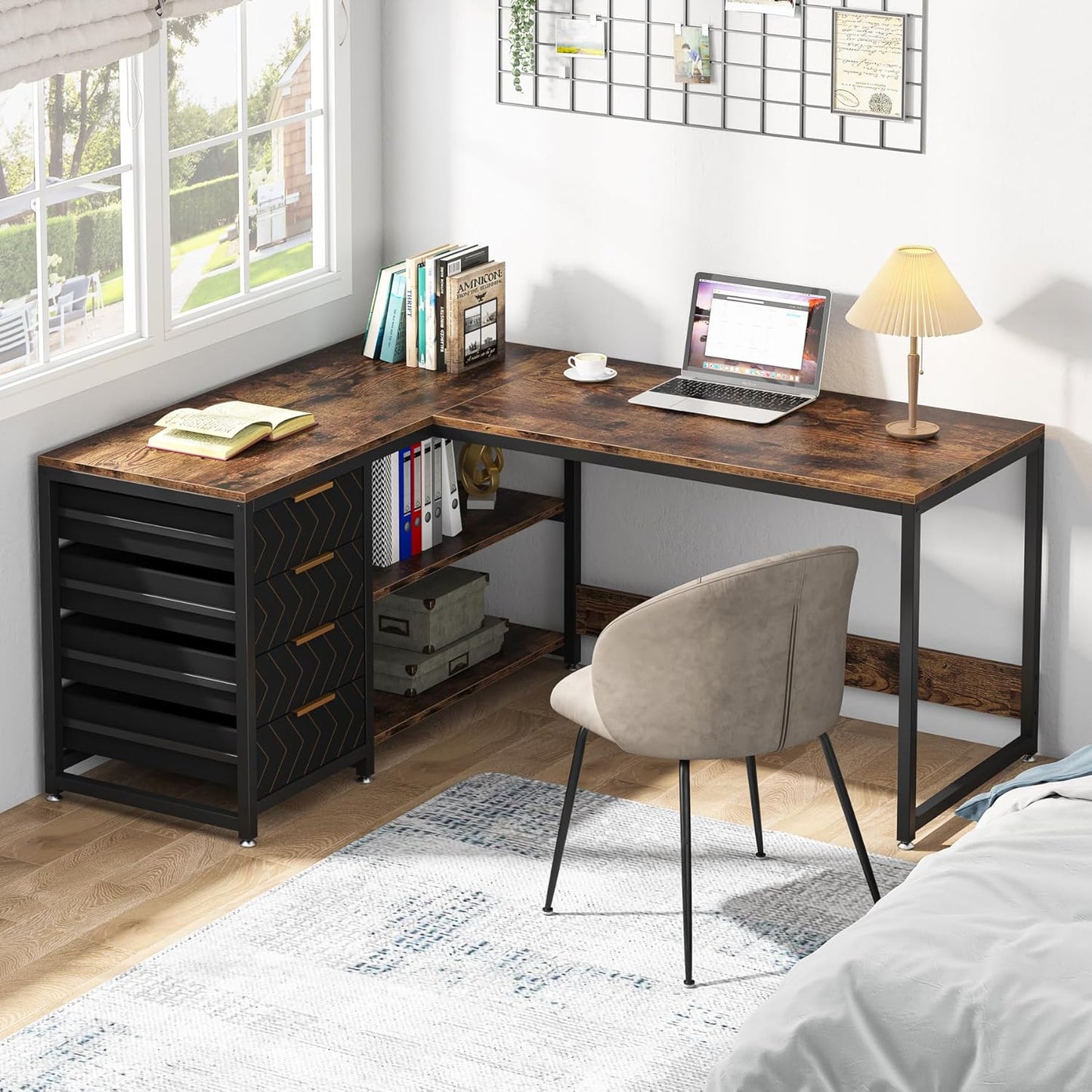 59” L-Shaped Computer Desk with Drawers and Storage Shelves