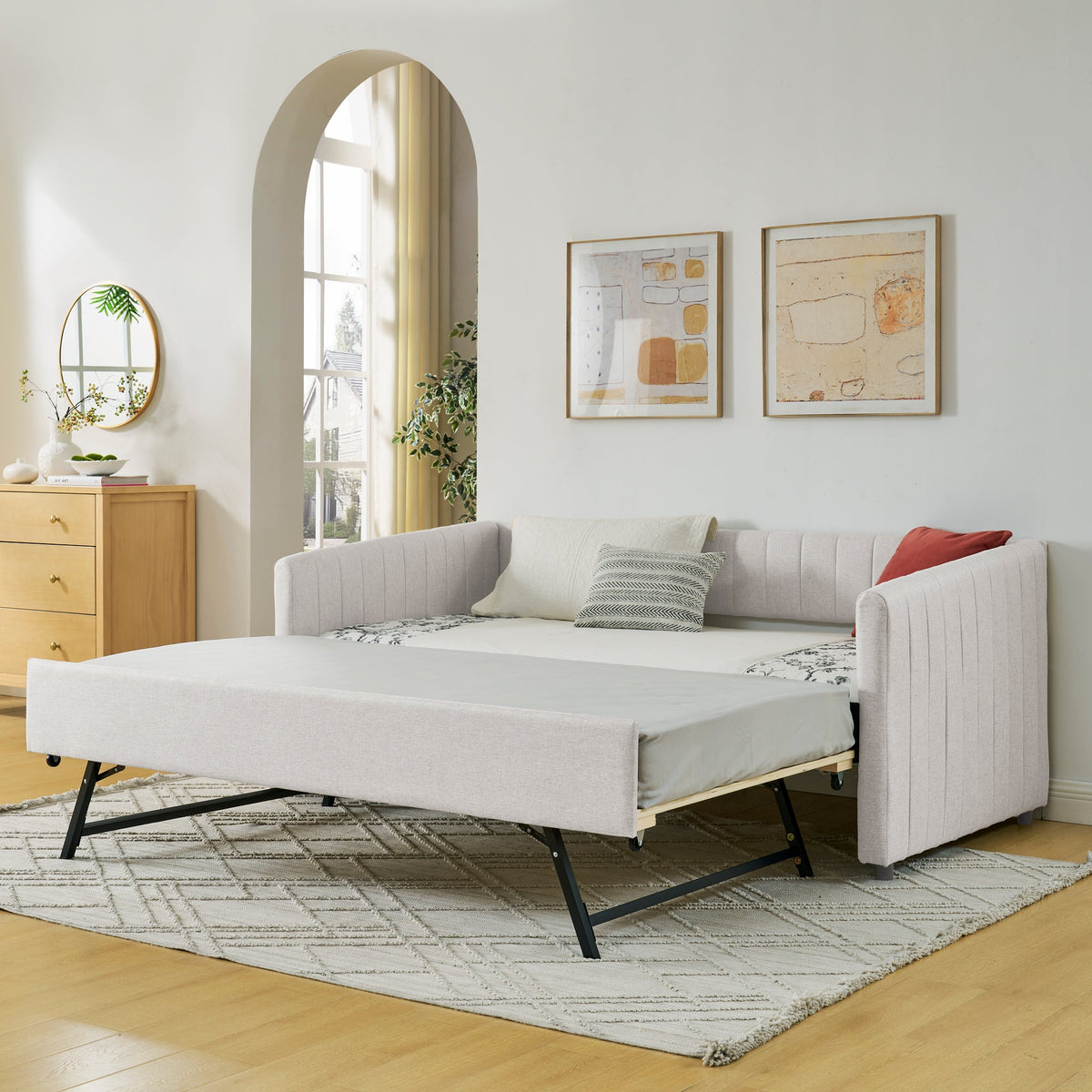 Twin Size Daybed with Trundle Upholstered Sofa Bed