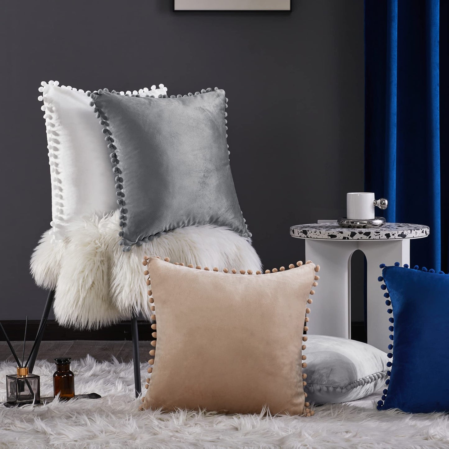 Velvet Throw Pillow Covers with Pom-Poms, 26x26 Inch