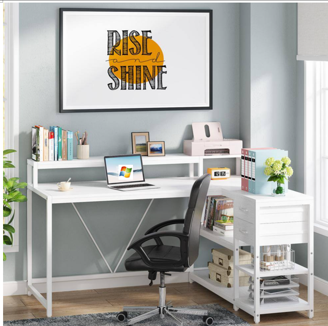 55-Inch L-Shaped Home Office Desk with Monitor Riser