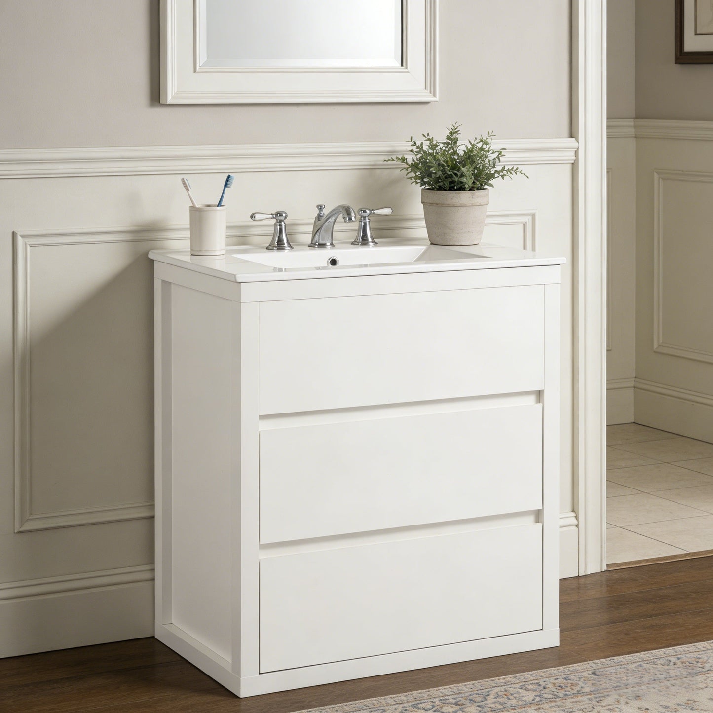 30" Bathroom Vanity with Ceramic Sink and 2 Full-Extension Drawers