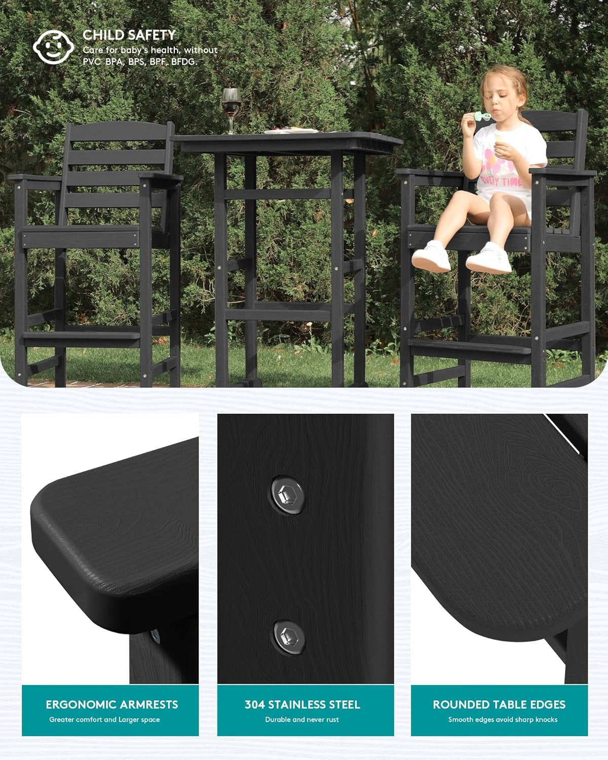Black Balcony Adirondack Bar Chair Set With Table 3 Piece