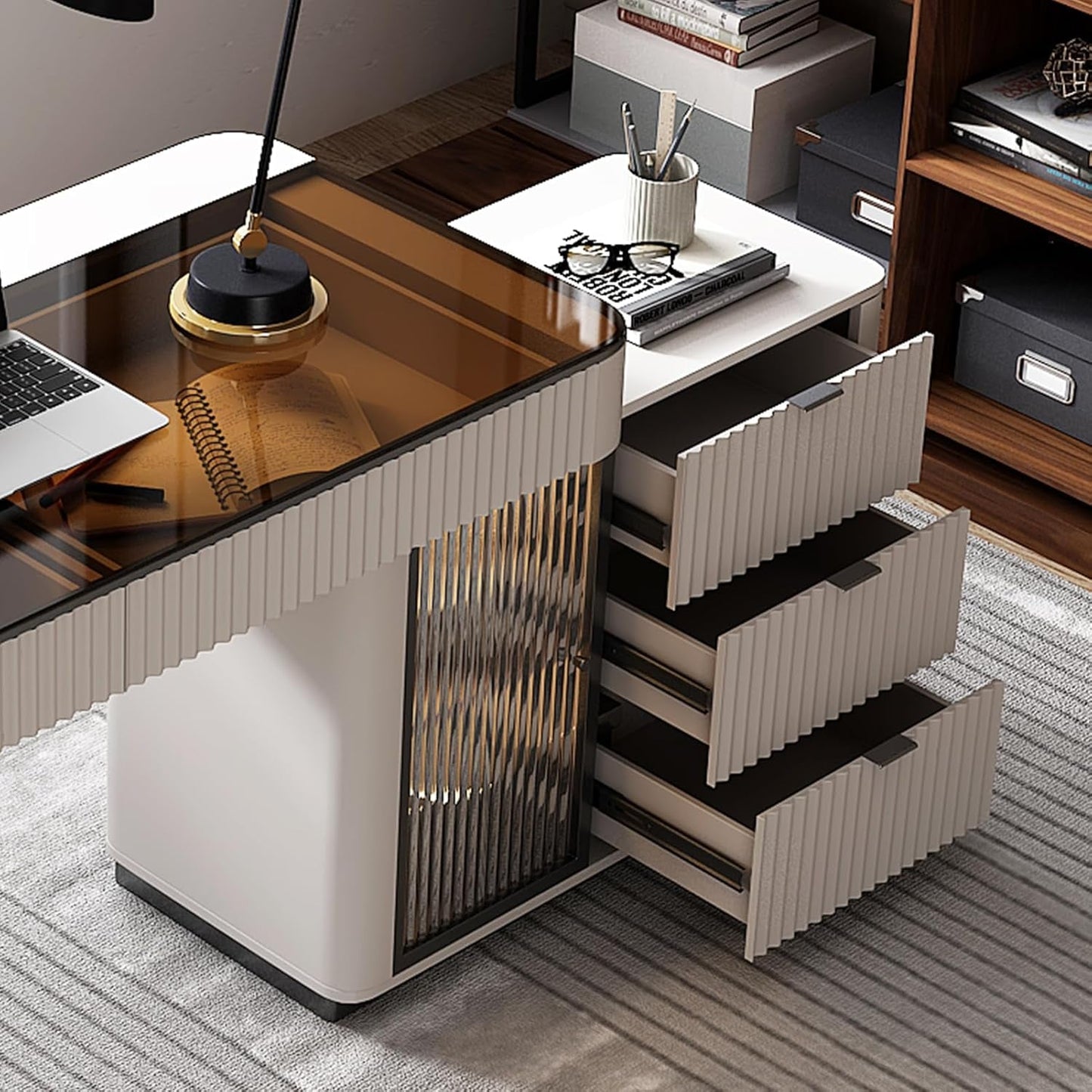 Ivory 50 Inch Office Computer Desk With Cabinet LED lights