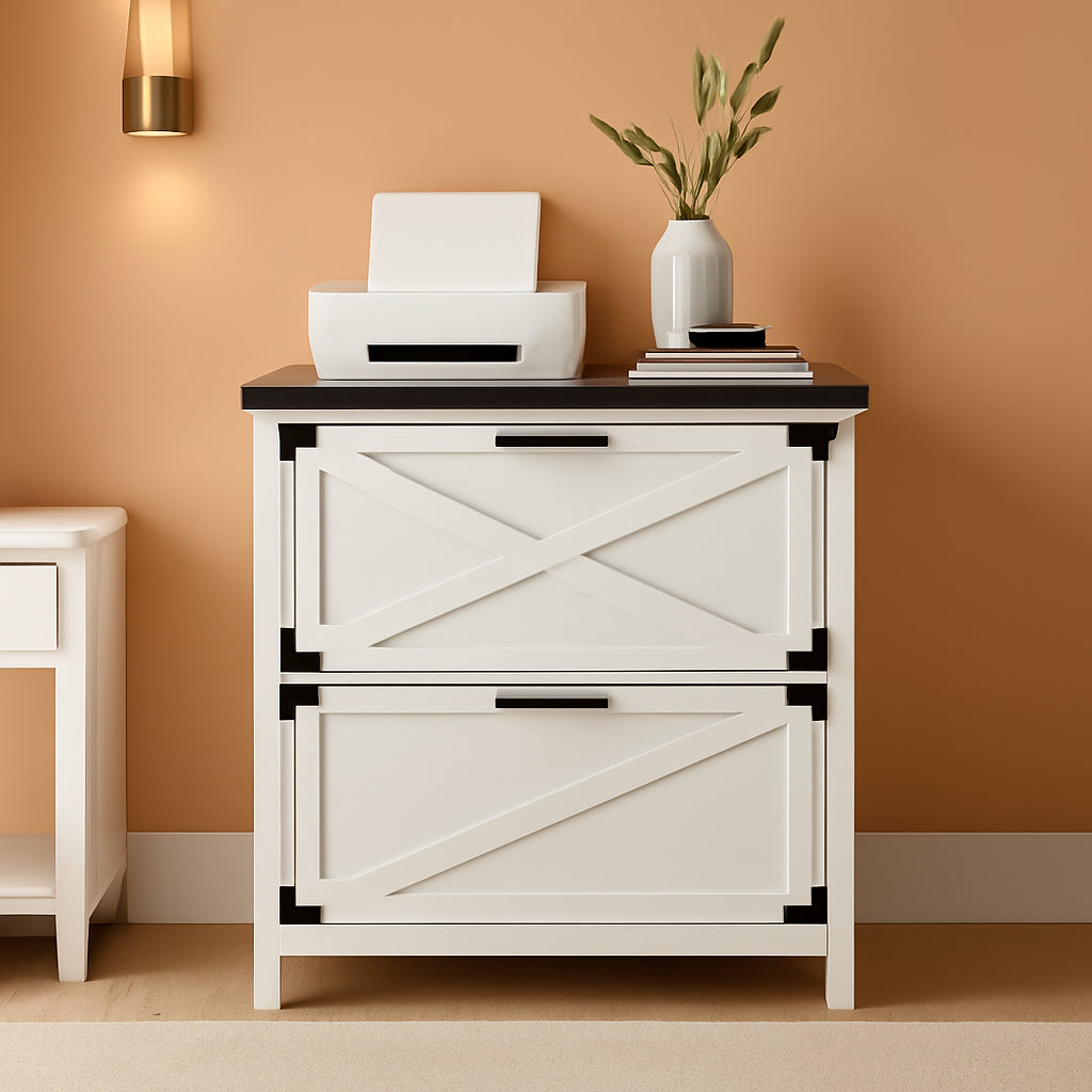 White Farmhouse Lateral File Cabinet With 2 Drawers