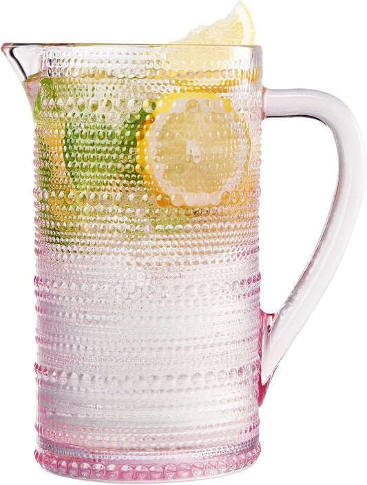 Khen Hobnail Pitcher, Vintage Style Textured Artisan Design Borosilicate Glass Beverage Server Drinkware - 7.8 Inch Pink