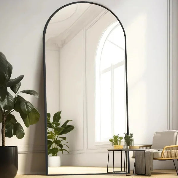 Arched Floor Mirror with Aluminum Frame – Black