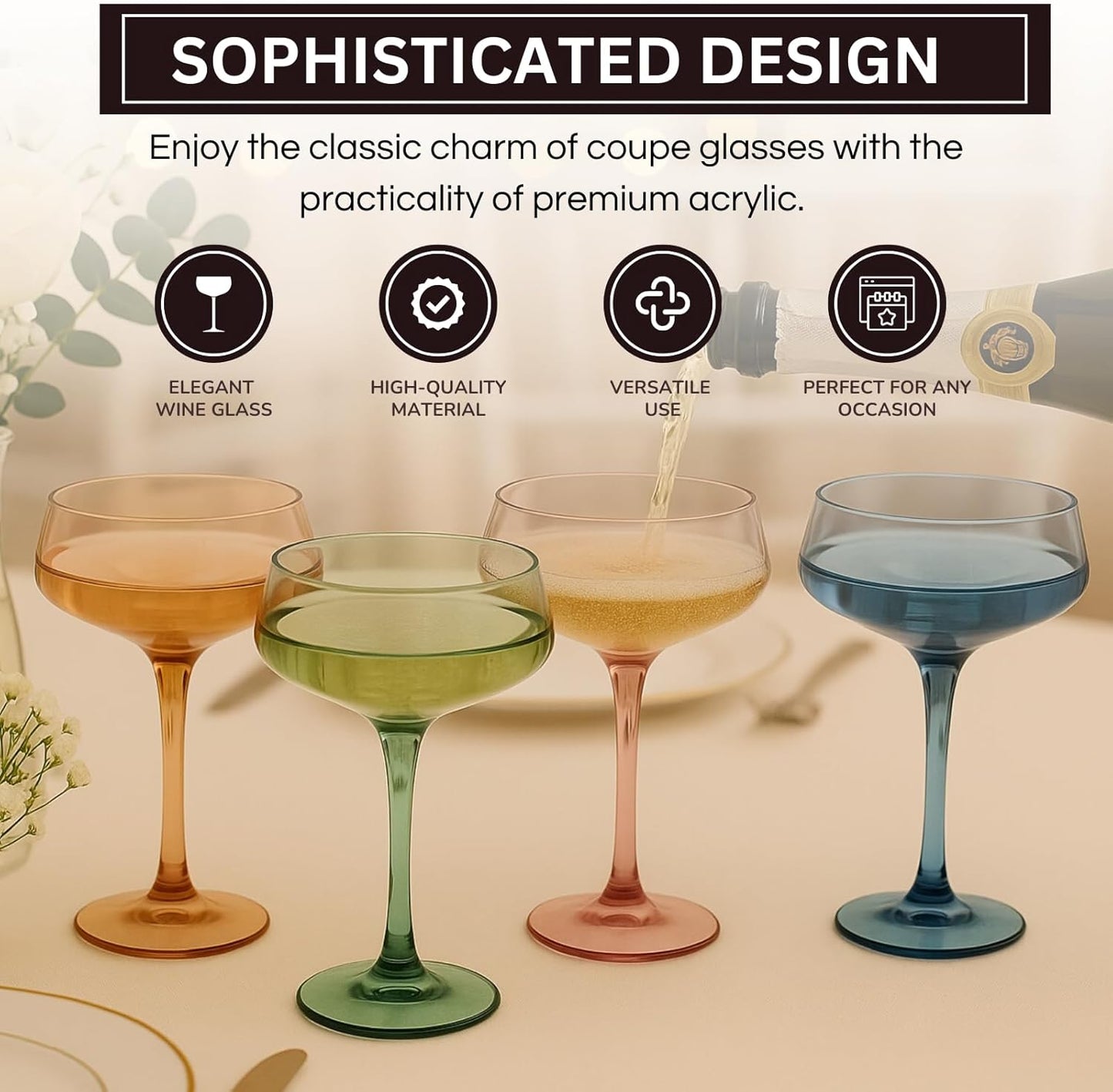 Colored Acrylic Coupe Glasses – Set of 4 Stemmed 8 oz