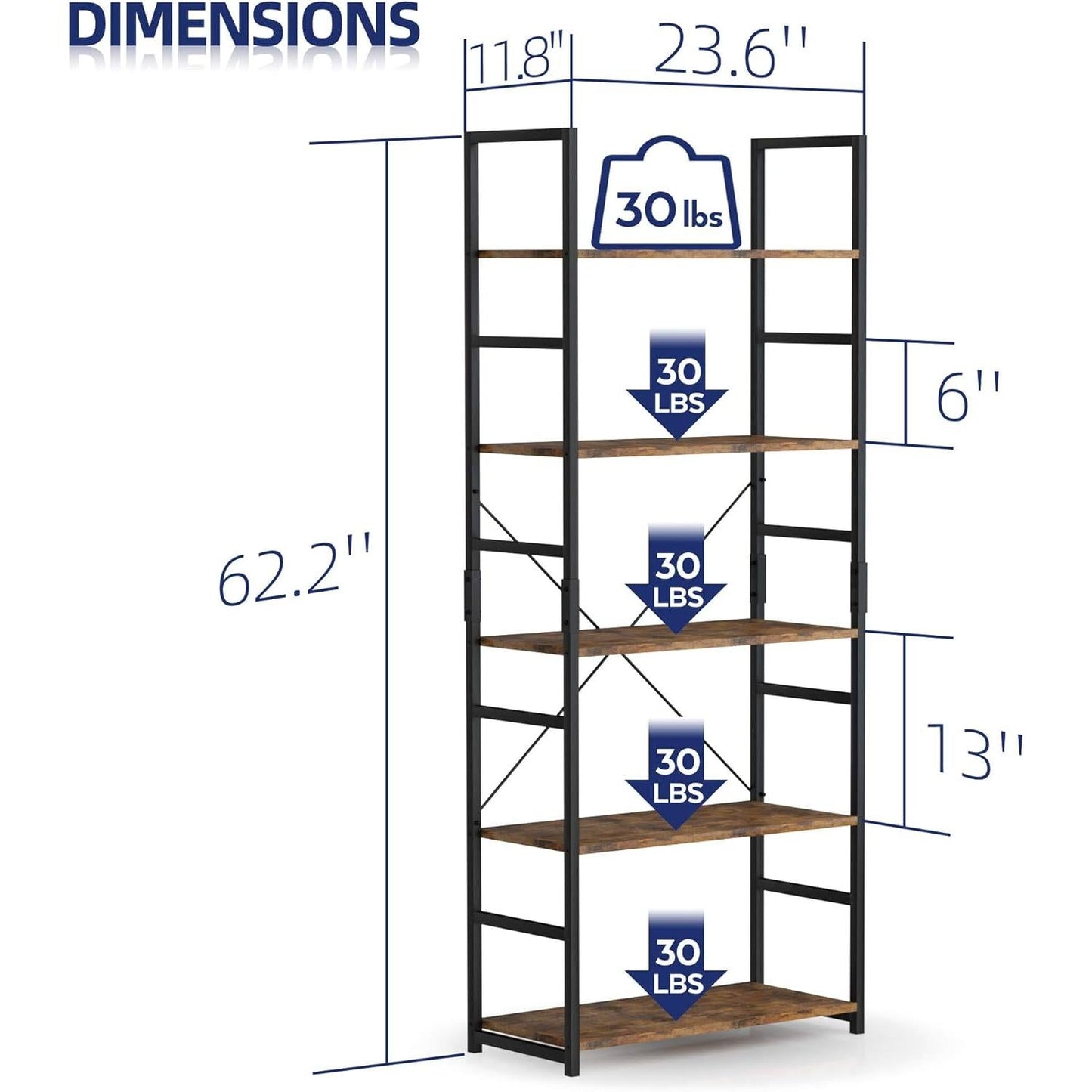 Tall 5 Shelf Vintage Bookcase With Metal Frame Storage
